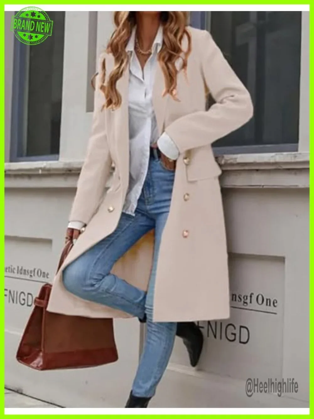 Long Wool Blend Pea Coat Trench Jacket Double Breasted Knee Length Notch Lapel